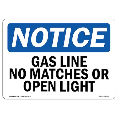 Signmission OSHA Notice Sign, 7" H, 10" W, Rigid Plastic, Gas Line No Matches Or Open Lights Sign, Landscape OS-NS-P-710-L-13002